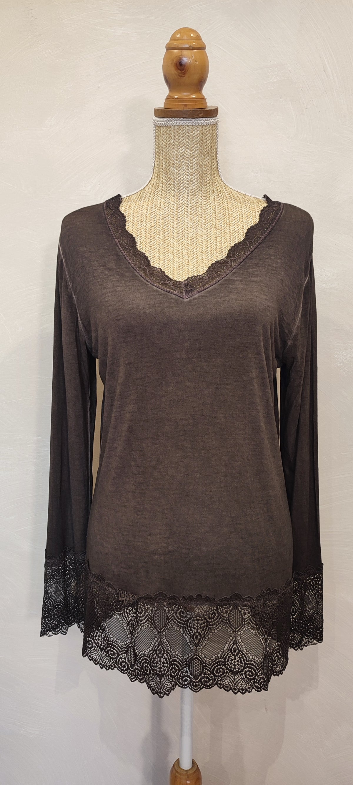 Top Dentelle Col V Marron ELY