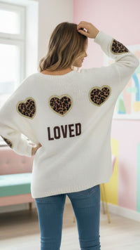 Pull Oversize Blanc Motif Coeurs Léopard LOVED