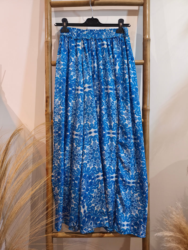 Pantalon Fluide à Motif Floral Bleu et Blanc ANAE