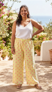 Pantalon Blanc Gaze de Coton Rayée Jaune Fluo et Coeurs Roses DAM'S