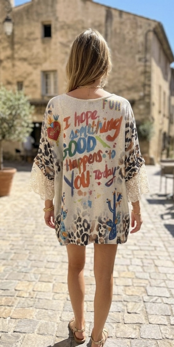 Top Lurex Oversize Manches Dentelle à Motif SNOOPY