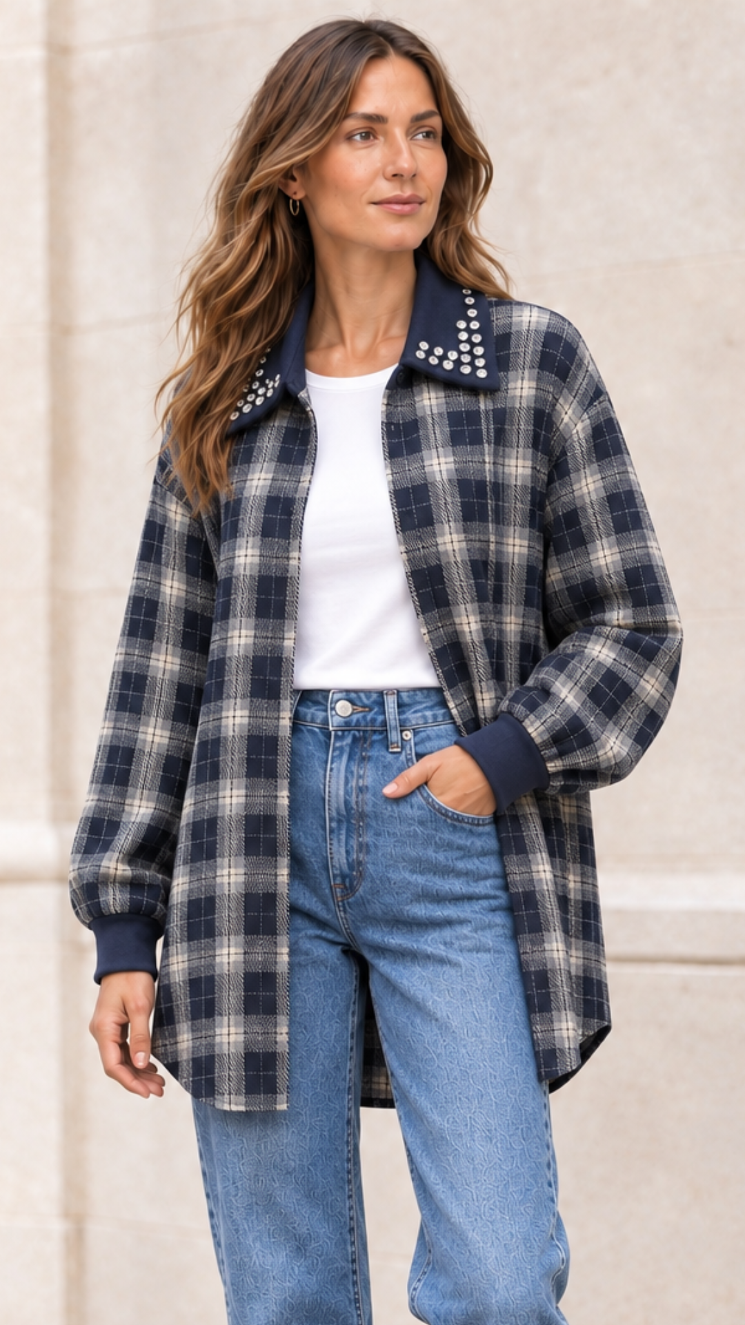 Chemise à Carreaux Bi-Matière Marine et Strass MODA