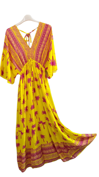 Robe Longue Col V Jaune à Palmier Fuchsia NADOU