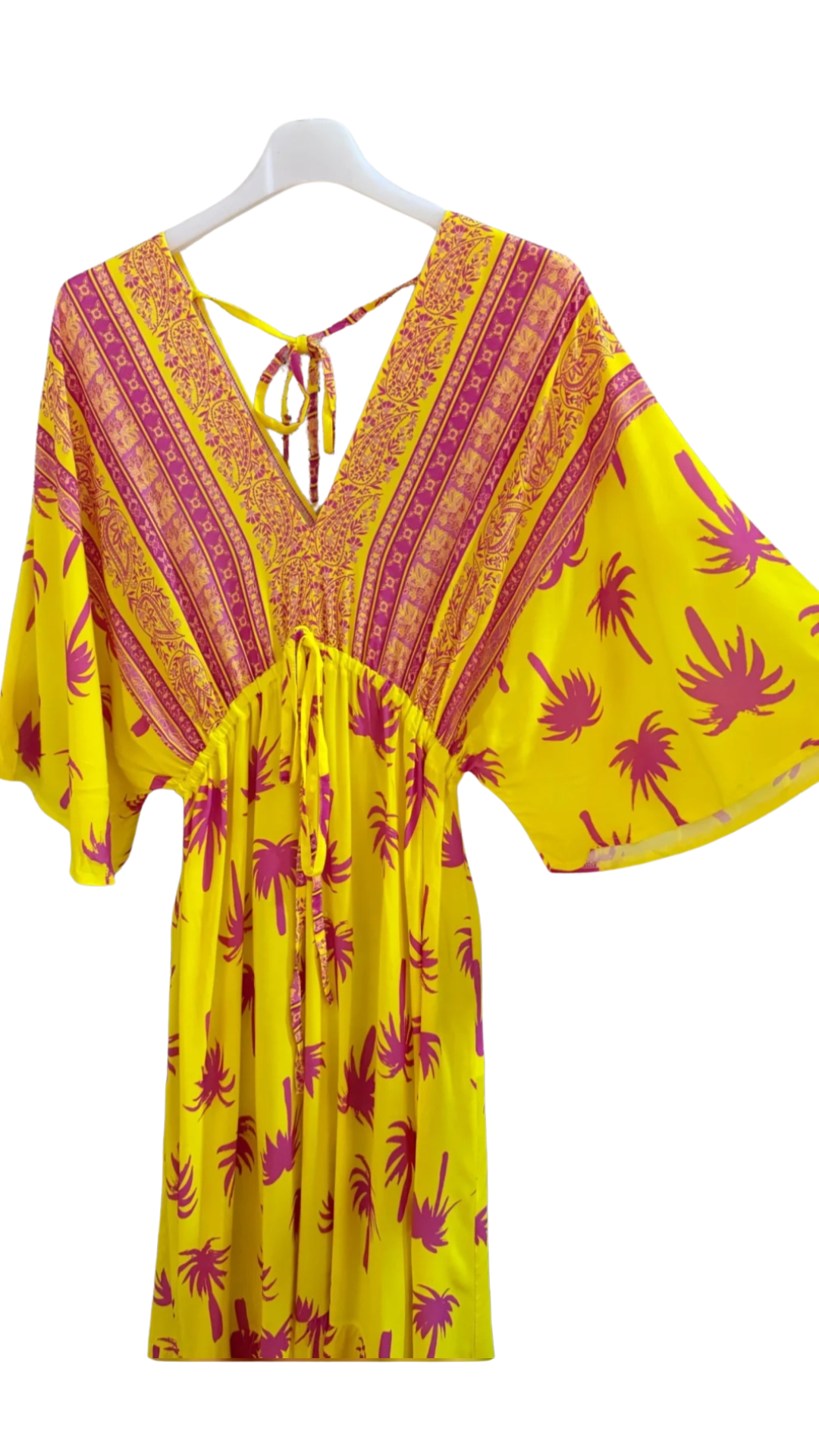 Robe Longue Col V Jaune à Palmier Fuchsia NADOU