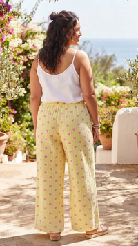 Pantalon Blanc Gaze de Coton Rayée Jaune Fluo et Coeurs Roses DAM'S