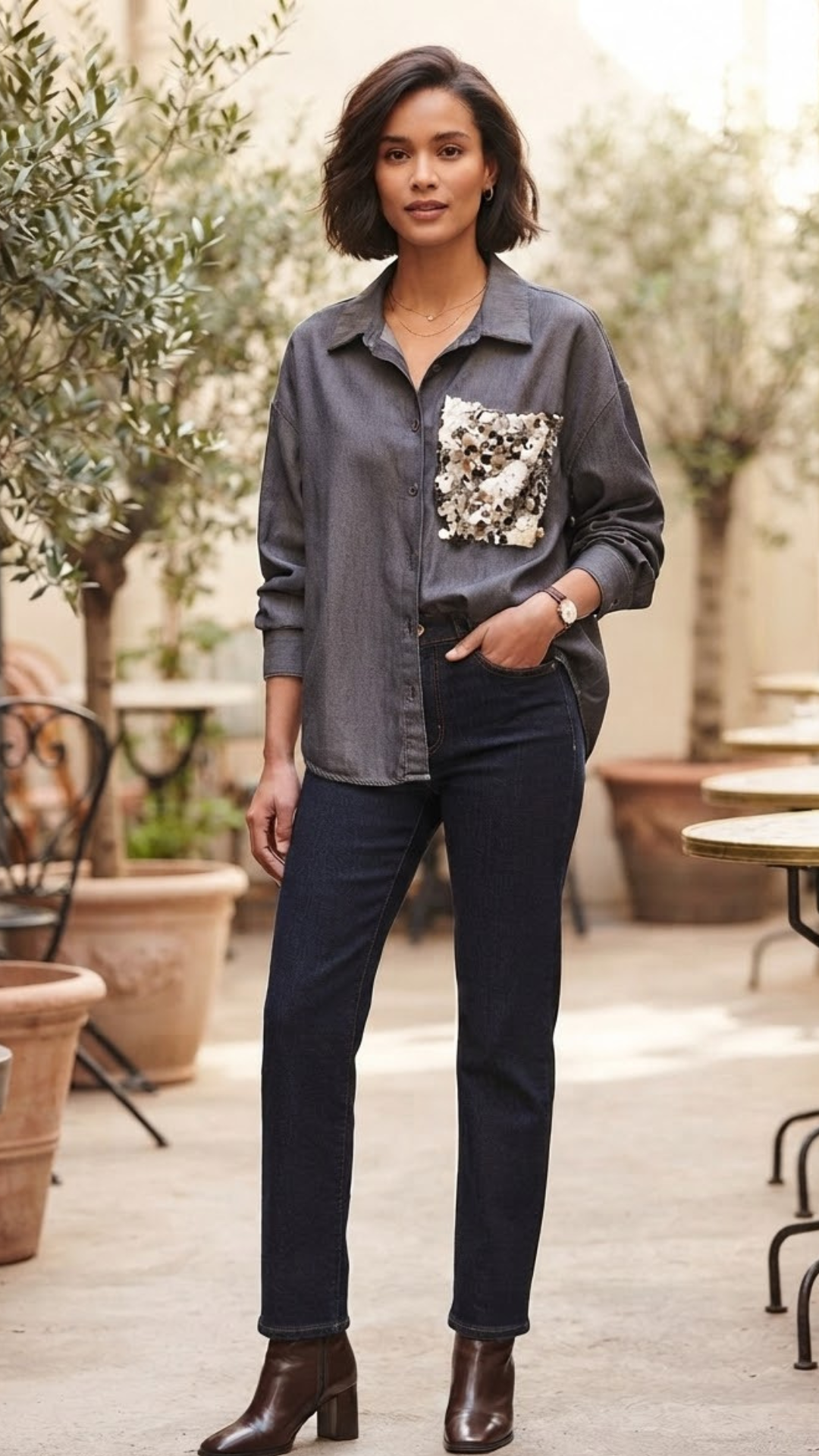 Chemise en Jean Taupe Poche Sequins MYLENE