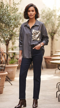 Chemise en Jean Taupe Poche Sequins MYLENE