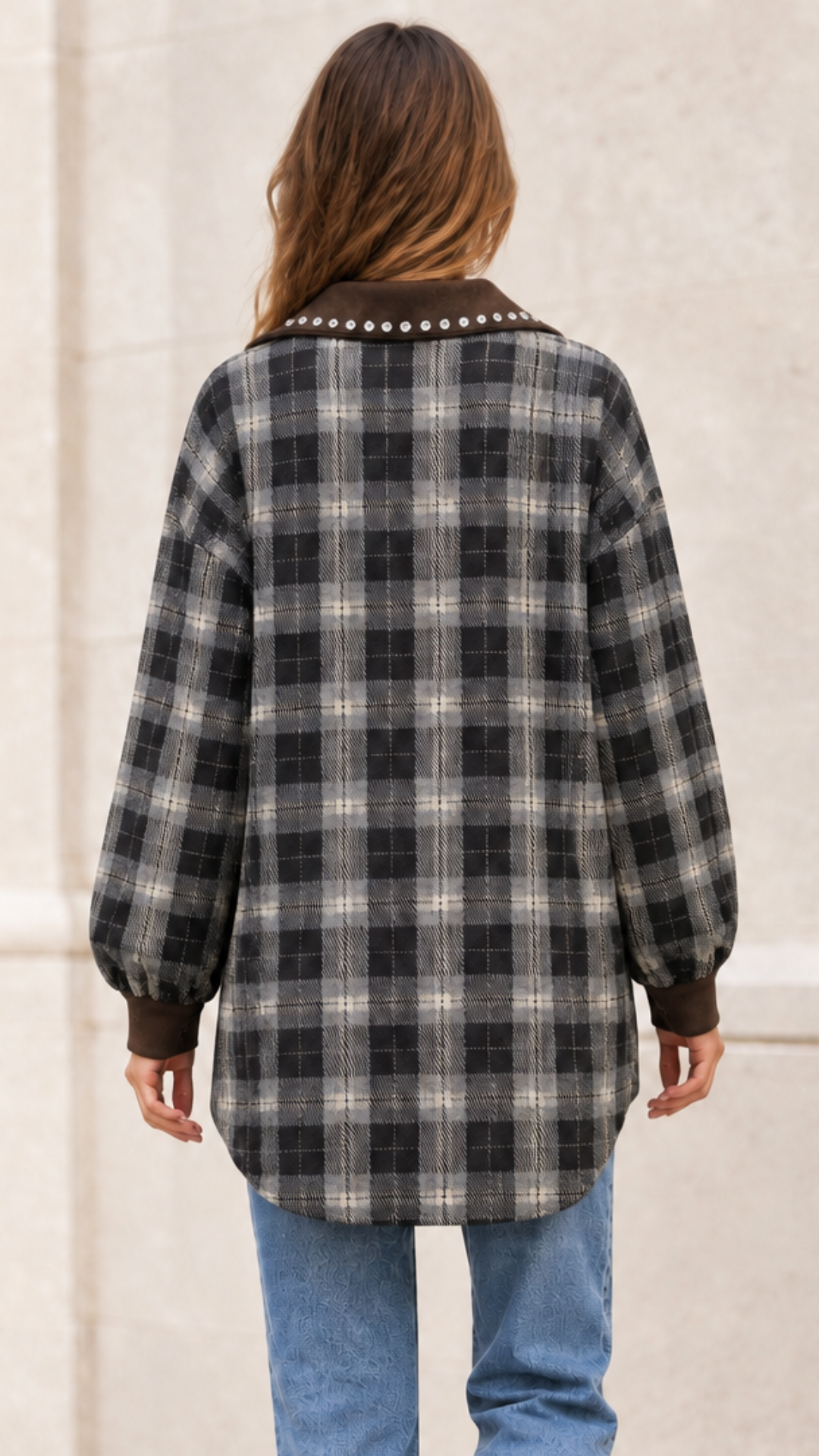 Chemise à Carreaux Bi-Matière Marron et Strass MODA