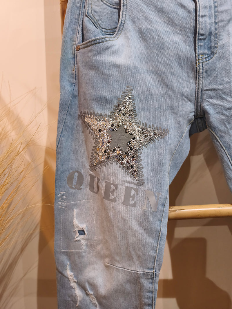 Jean Bleu Clair Délavé Motif Etoile QUEEN