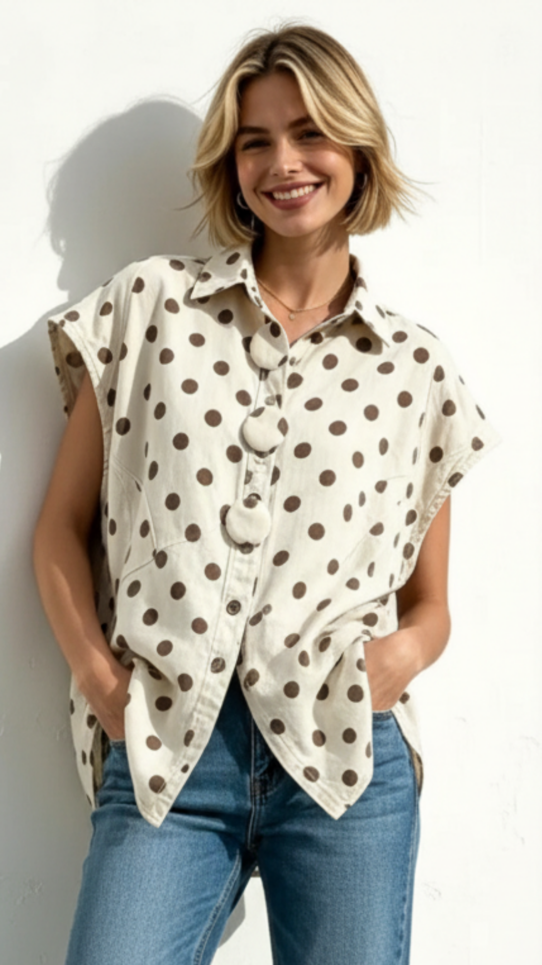 Chemise en Jean Oversize Ecru à Pois chocolat à Gros Boutons ZAZIE