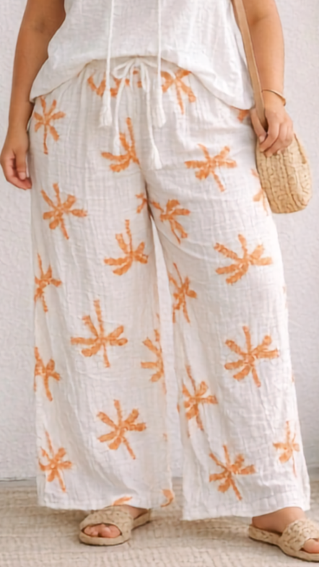 Pantalon Blanc Gaze de Coton à Motif Palmier Orange SAND