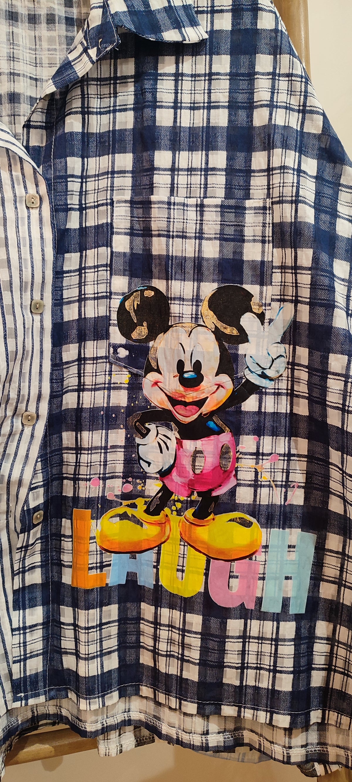 Chemise à Carreaux Bleu Marine et Blanc MICKEY