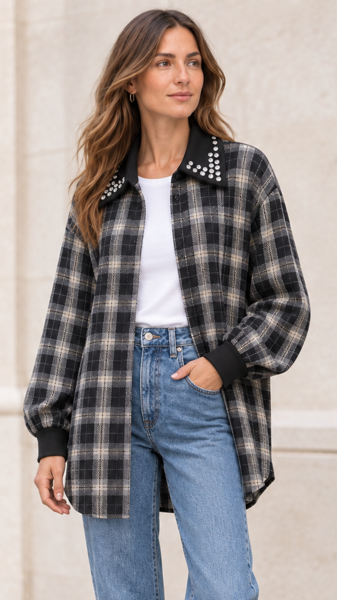 Chemise à Carreaux Bi-Matière Noir et Strass MODA