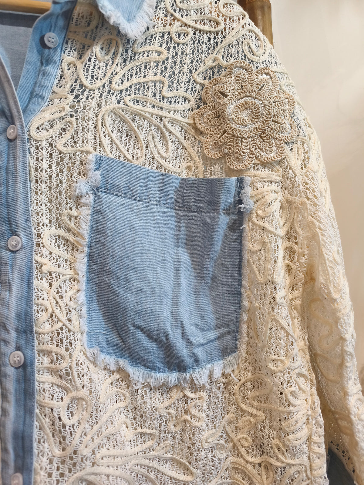 Chemise Crème Bi-matière Crochet et Jean ARMELLE