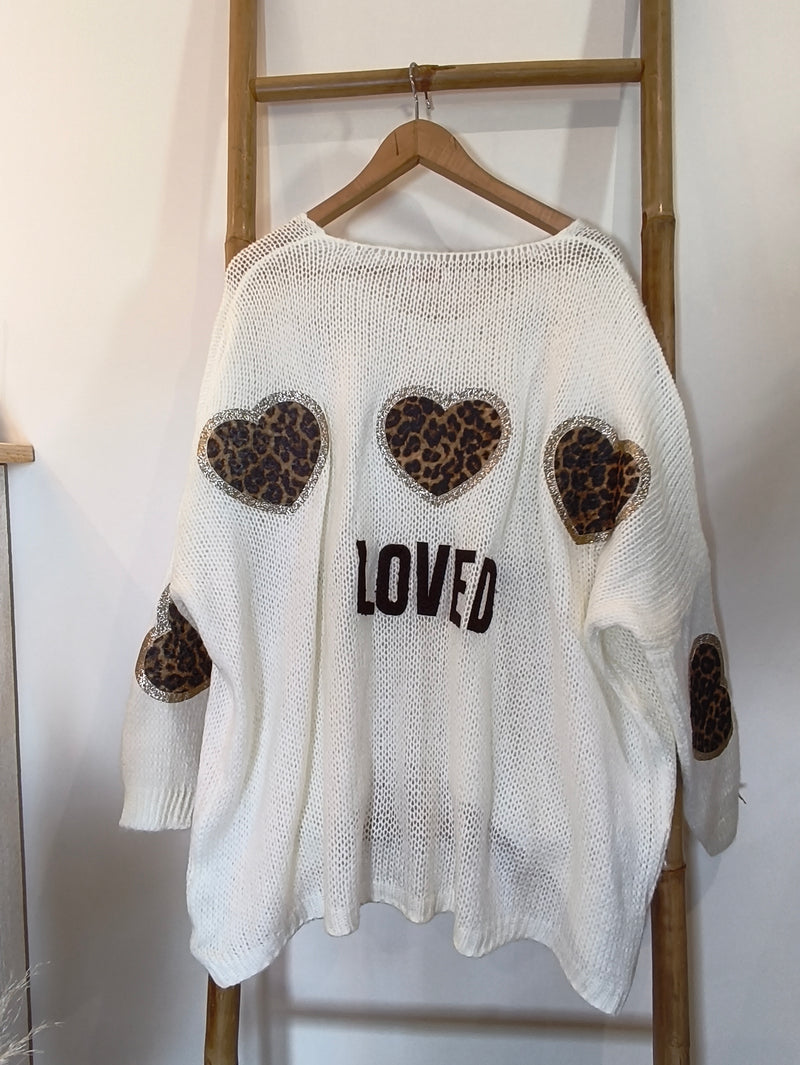 Pull Oversize Blanc Motif Coeurs Léopard LOVED