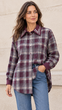 Chemise à Carreaux Bi-Matière Bordeaux et Strass MODA