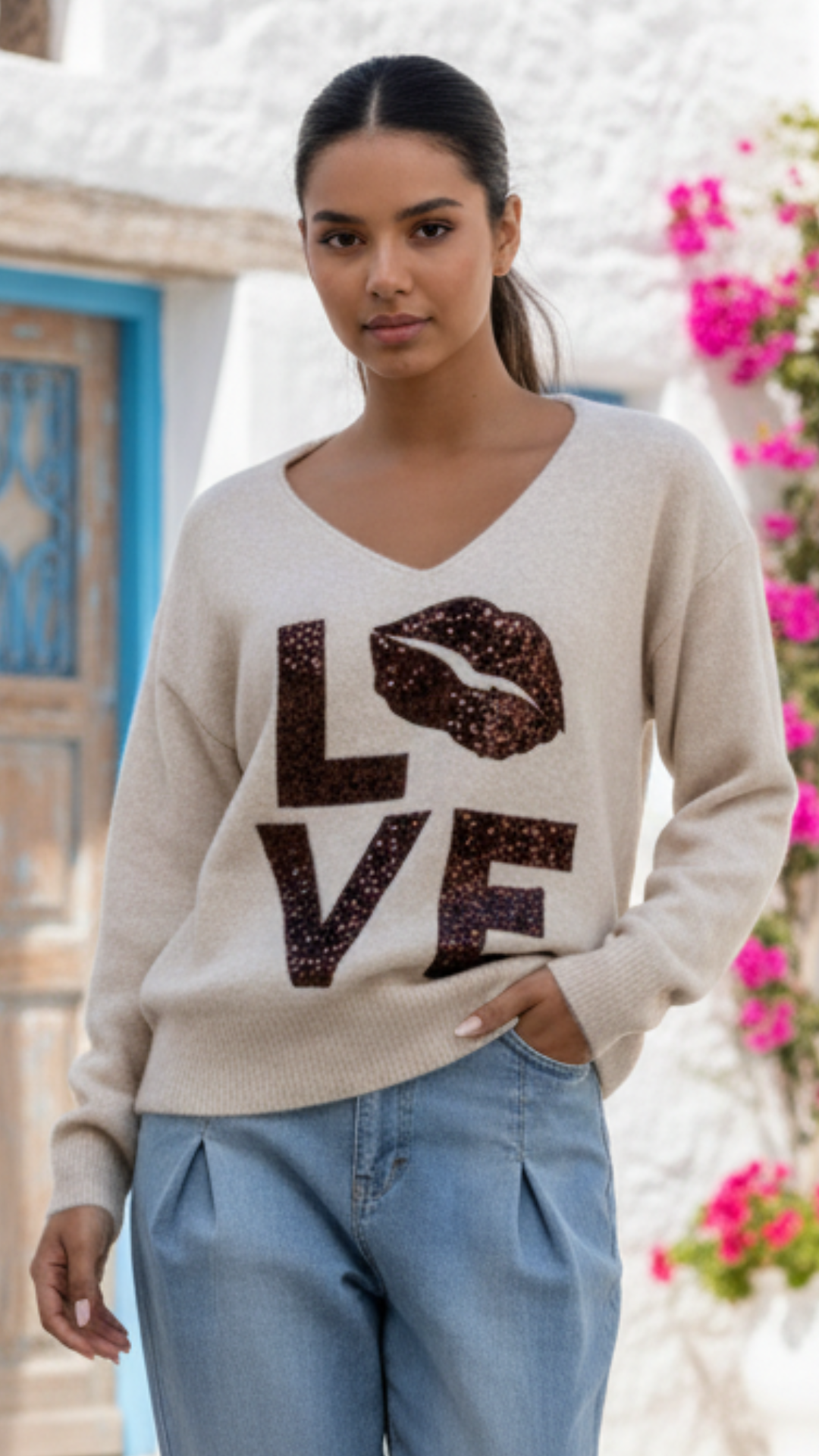 Pull Beige à Inscription Chocolat LOVE