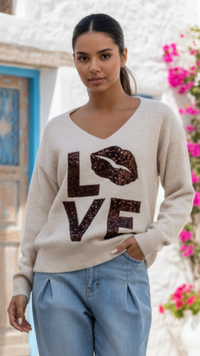 Pull Beige à Inscription Chocolat LOVE
