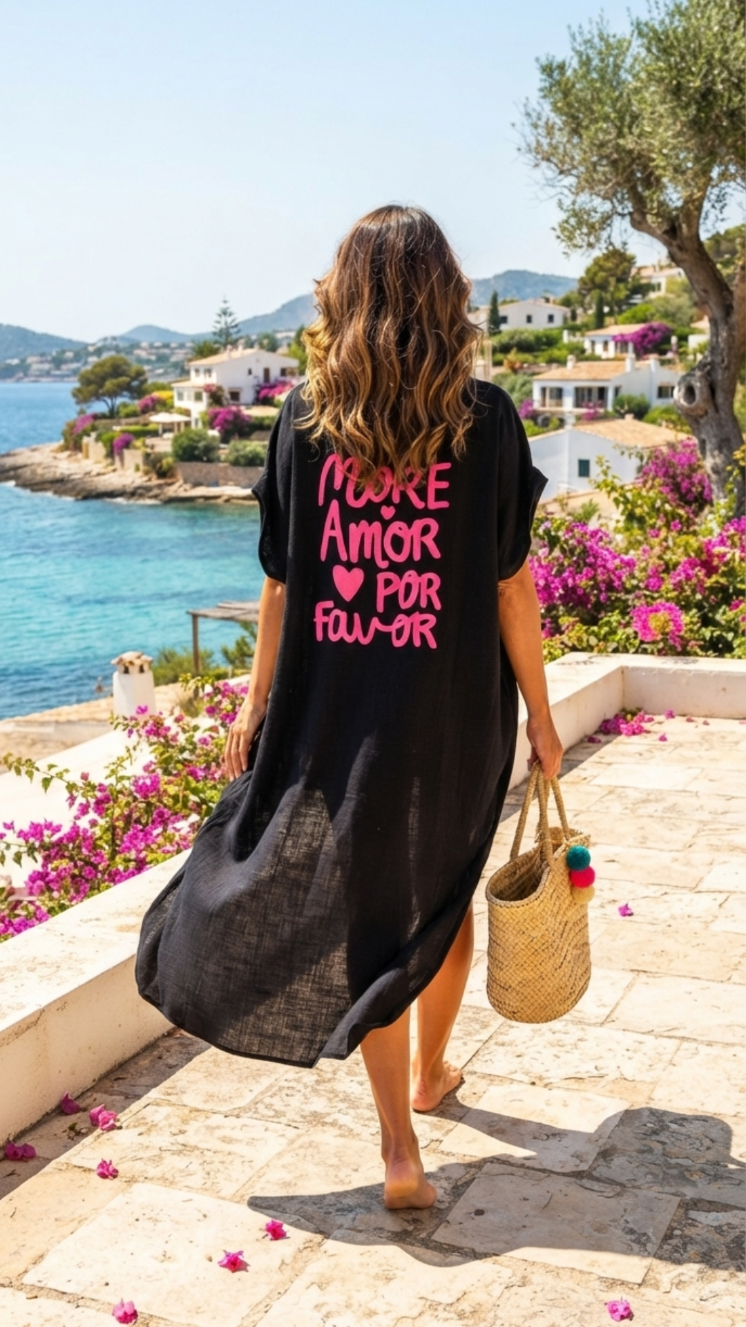 Robe Chemise Noire à Inscription Rose Fluo "AMORE"