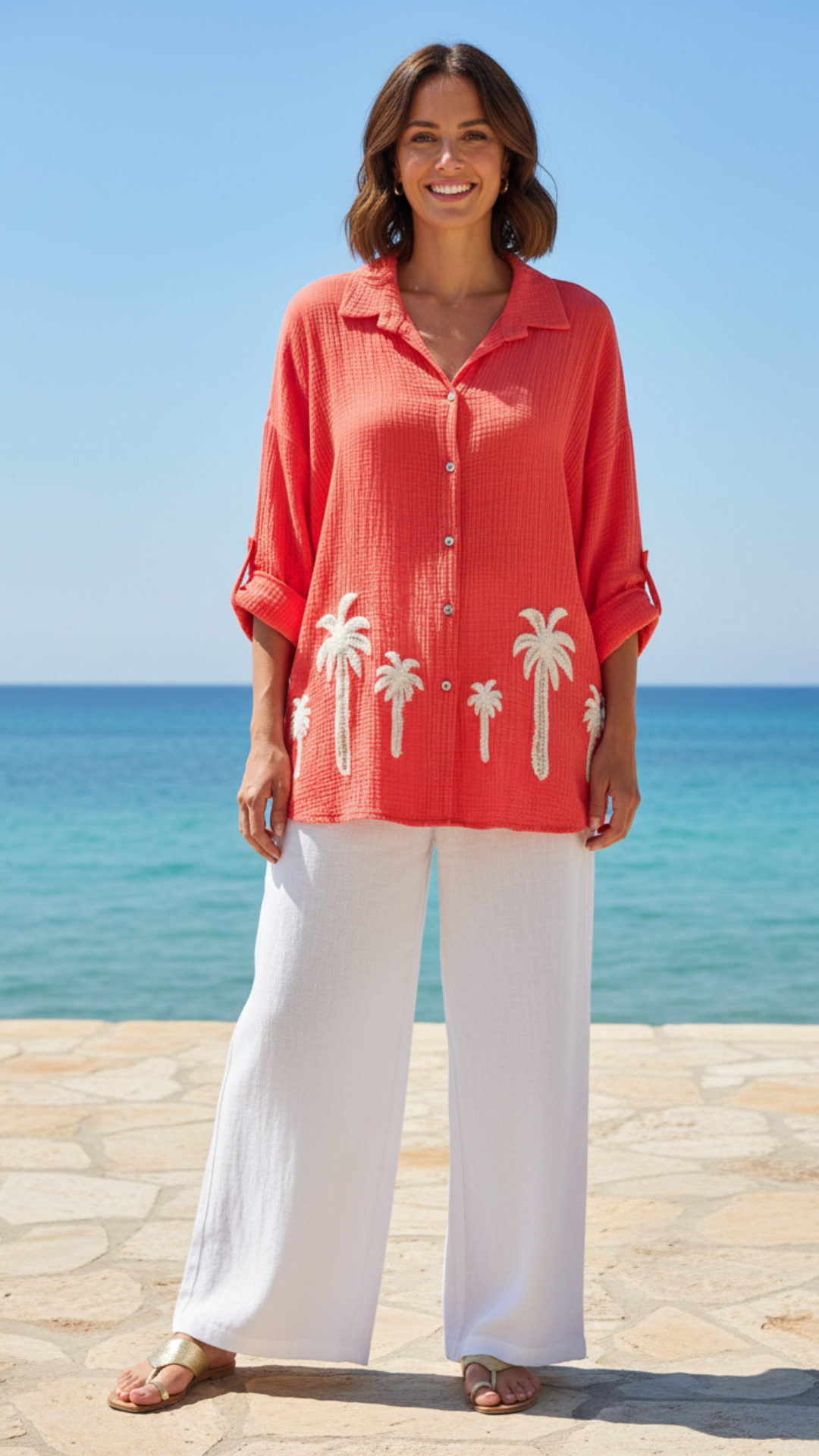 Chemise Gaze de Coton Corail Palmier Brodés THEA