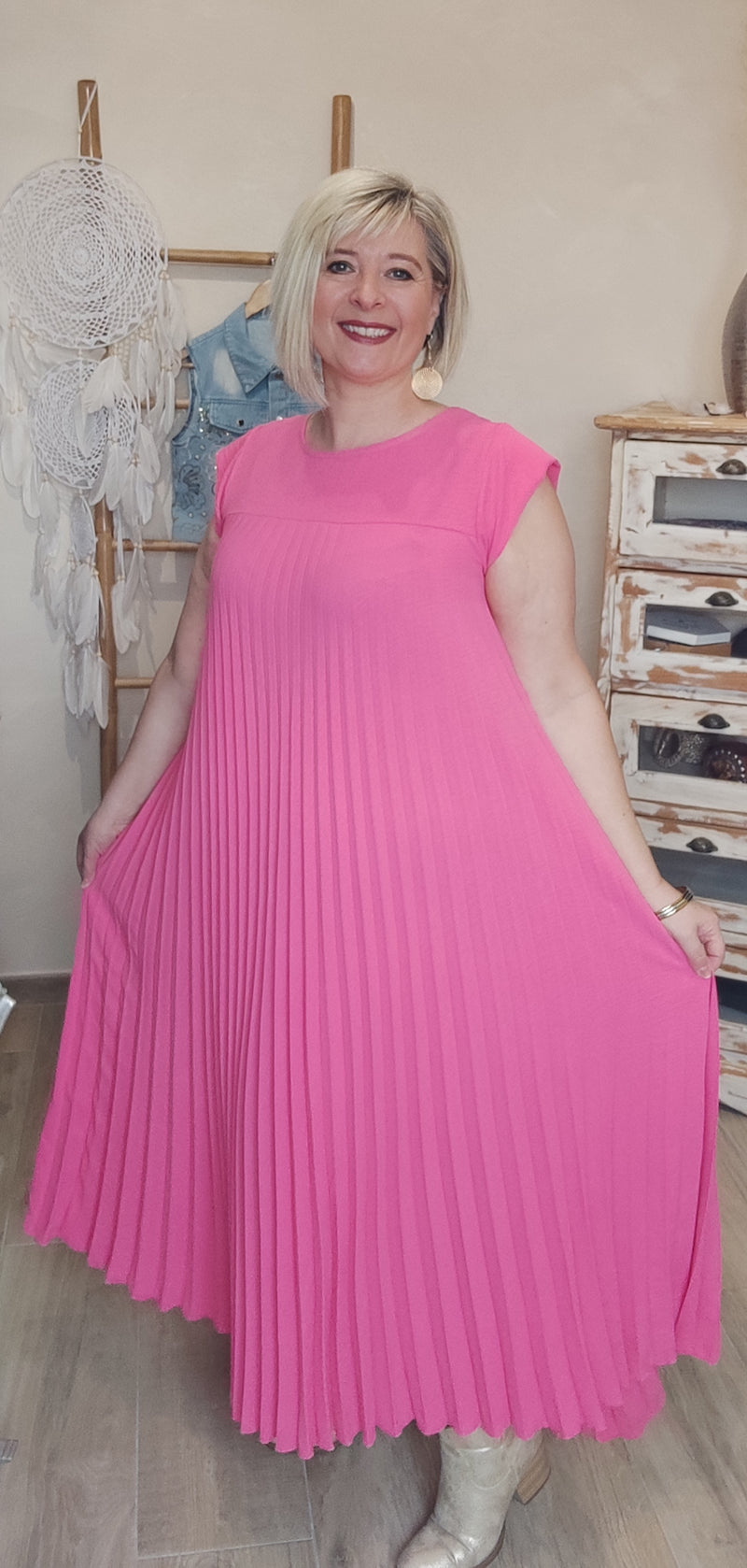 Robe Longue Plissée Evasée Fuchsia ALICIA
