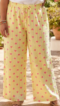 Pantalon Blanc Gaze de Coton Rayée Jaune Fluo et Coeurs Roses DAM'S