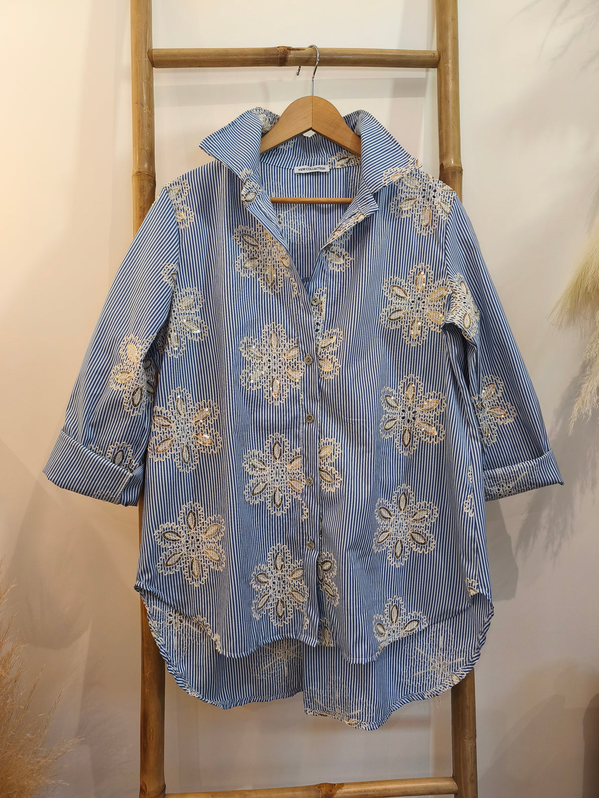 Chemise Rayée Bleu à Fleurs Brodées ELYA