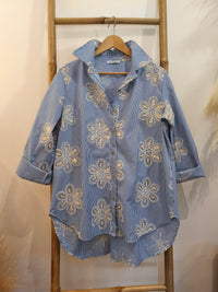 Chemise Rayée Bleu à Fleurs Brodées ELYA