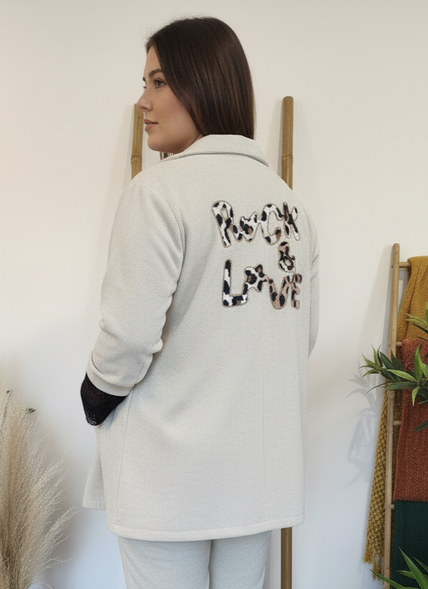 Veste Velours Ecru à Inscription Léopard "ROCK & LOVE"