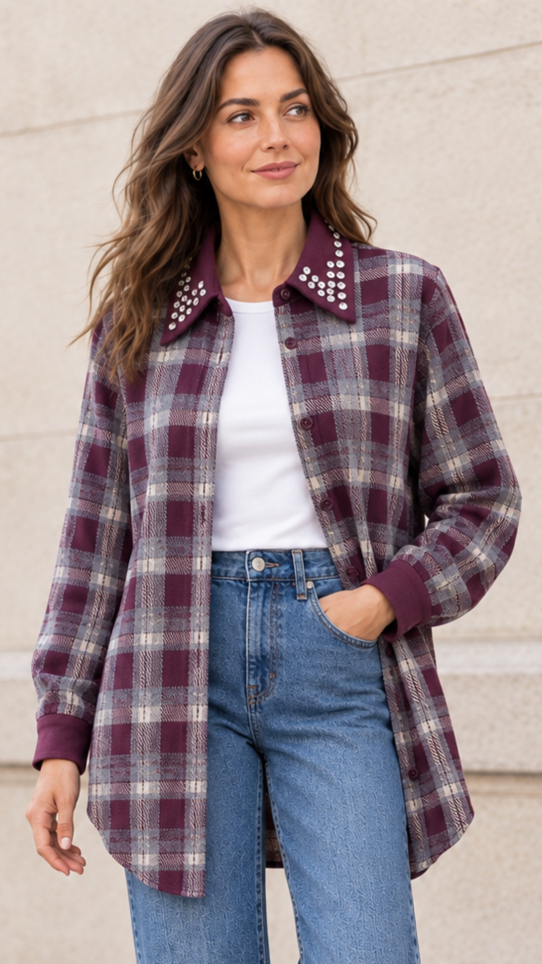 Chemise à Carreaux Bi-Matière Bordeaux et Strass MODA