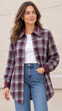 Chemise à Carreaux Bi-Matière Bordeaux et Strass MODA