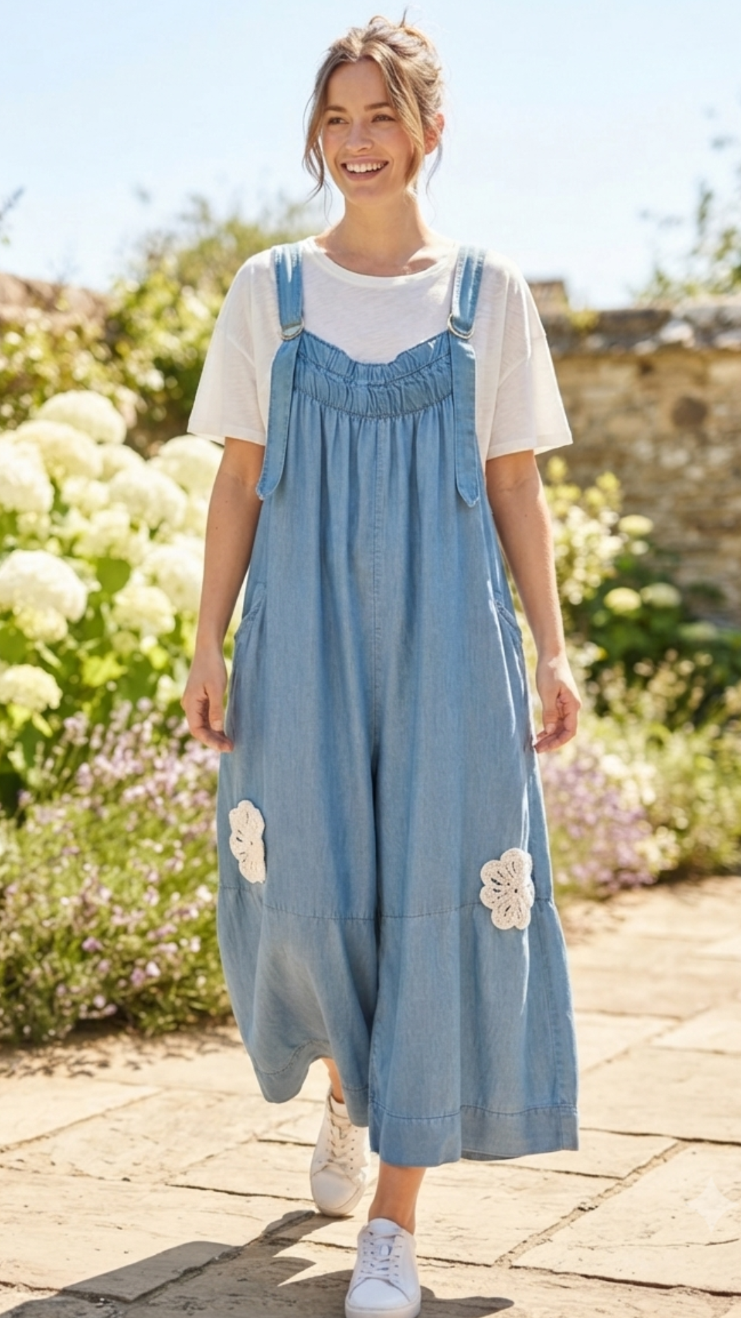 Salopette  Oversize Bleu Jean Ornée de Fleurs Brodées CHARLINE