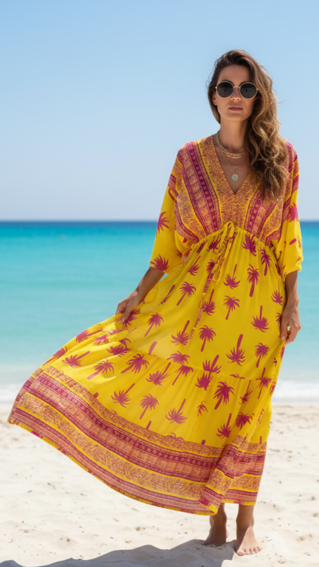 Robe Longue Col V Jaune à Palmier Fuchsia NADOU