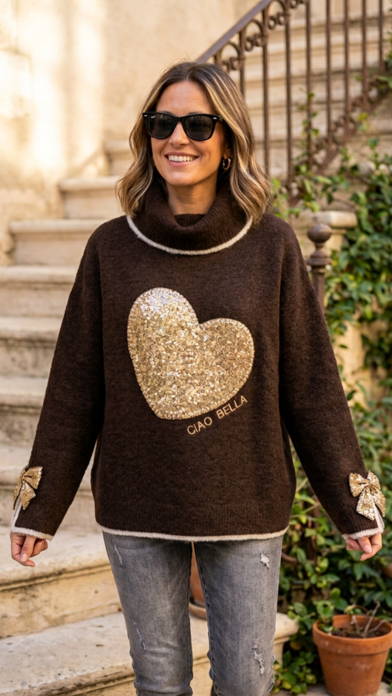 Pull Marron Coffee Motif Coeur Sequins Dorés "CIAO BELLA"