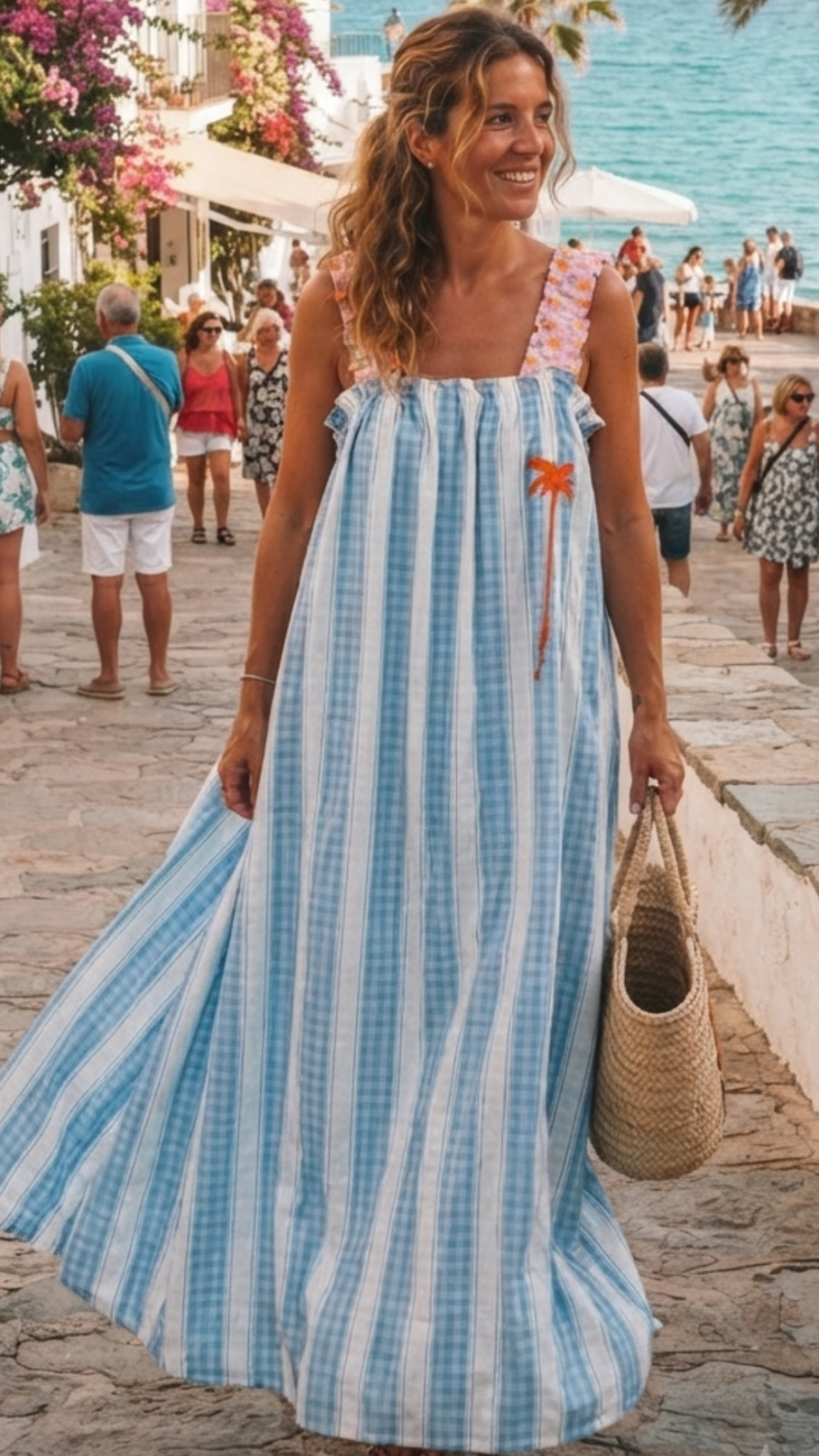 Robe Longue Bleu ciel à Bretelles Léopard Fluo ANOUK