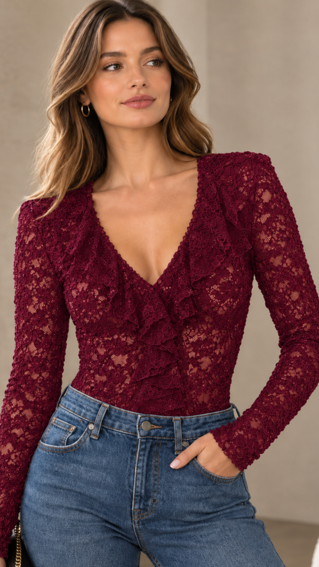 Body en Dentelle & Velours Bordeaux à Volants BAREL