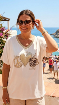 Tee-Shirt Crème à Motif Strass "PEACE & LOVE"