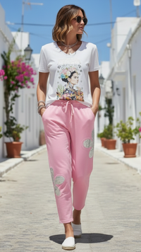 Pantalon Jog Rose à Motifs Fleurs Dorées VLAD