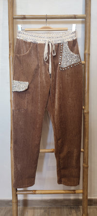 Pantalon Velours Camel à Sequins et Strass TEVA