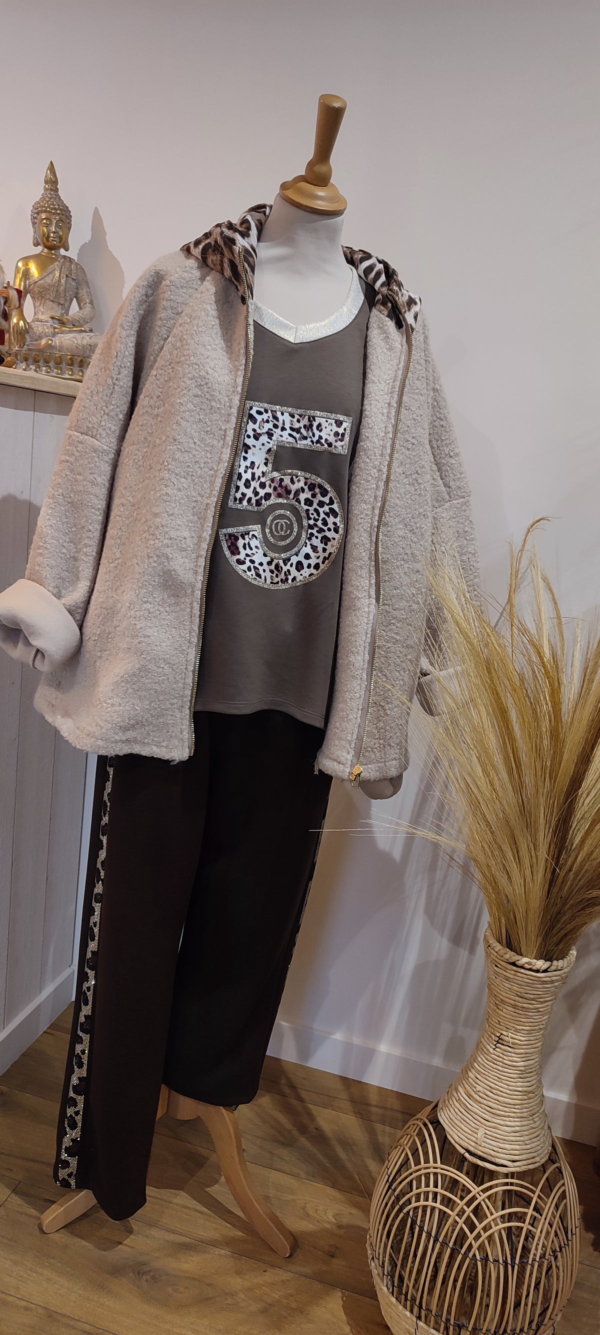 Pantalon Jog Chocolat à Bandes Strass Léopard LEAN