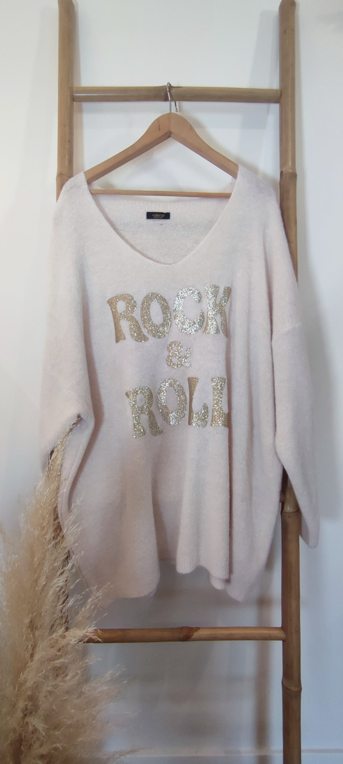 Pull Blanc Cassé Oversize Inscription Pailletée ROCK & ROLL