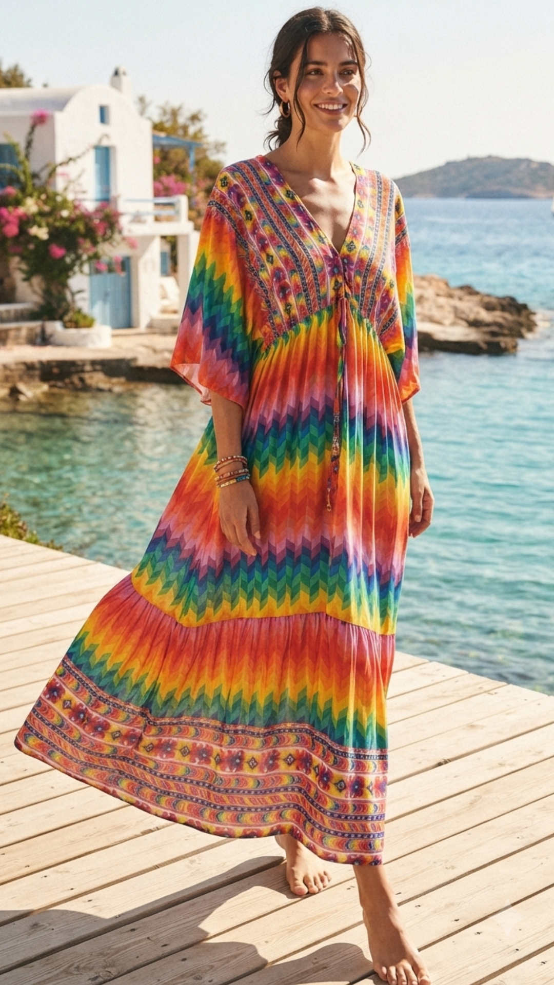Robe Longue Col V Imprimé Multicolore DANIELA