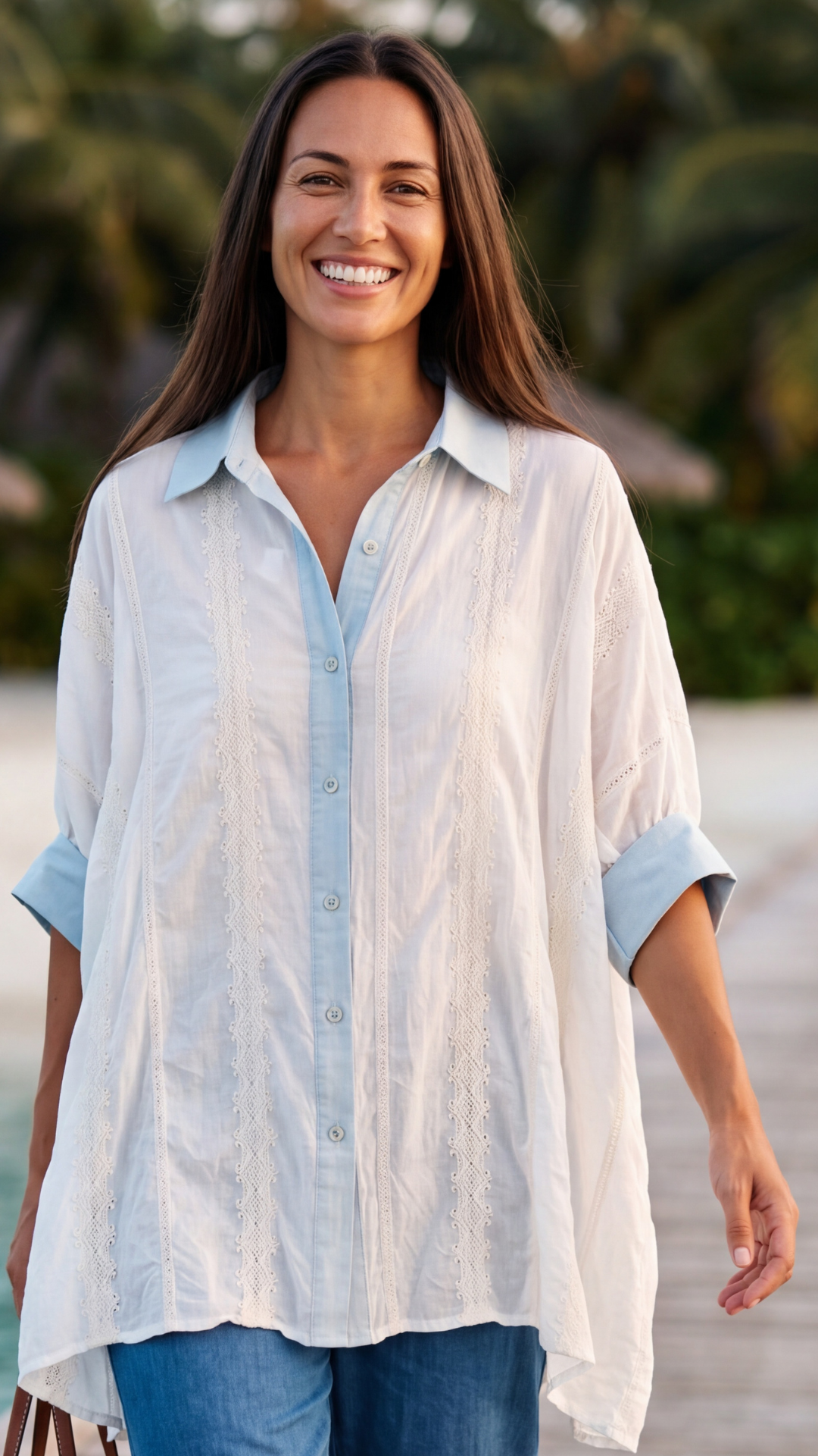 Chemise Poncho Blanc Cassé Ornée de Broderie ARMELLE