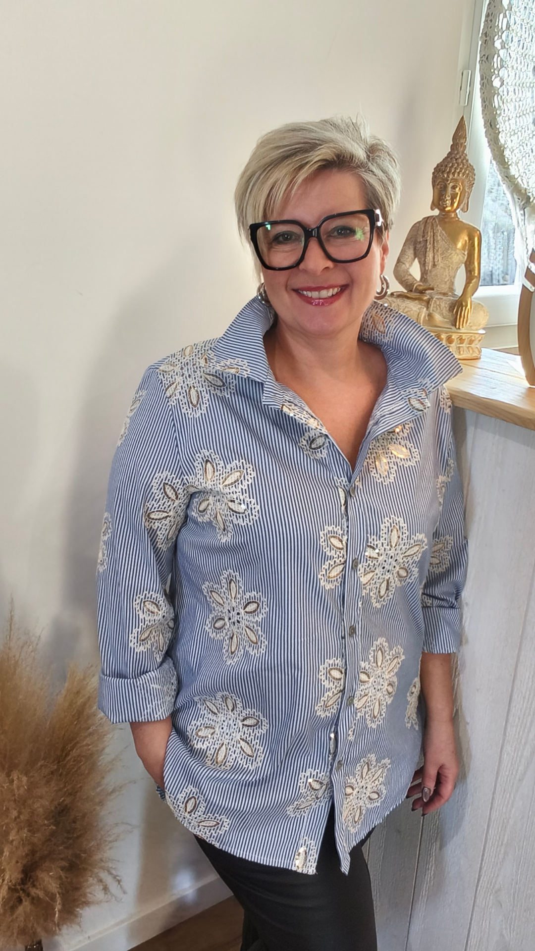 Chemise Rayée Bleu à Fleurs Brodées ELYA