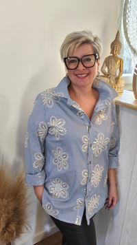 Chemise Rayée Bleu à Fleurs Brodées ELYA