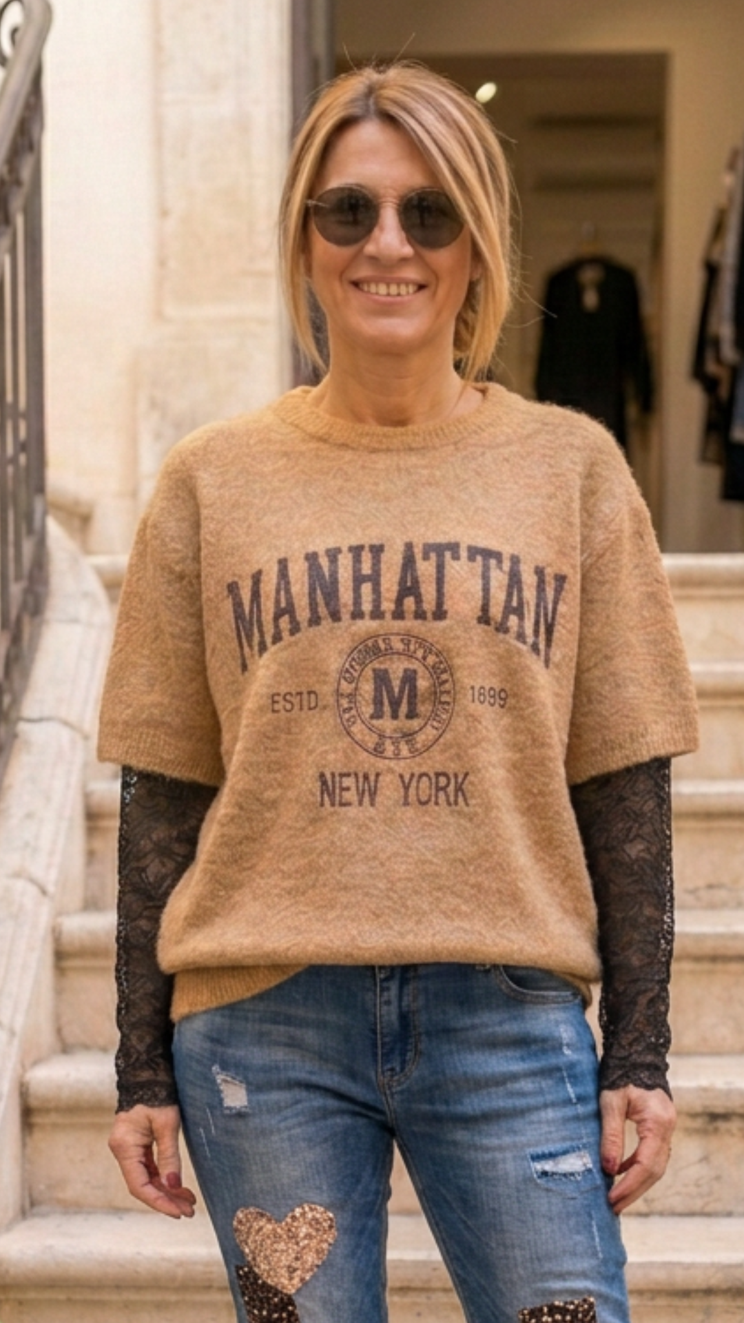 Pull Camel Manches Dentelle Chocolat "MANHATTAN"