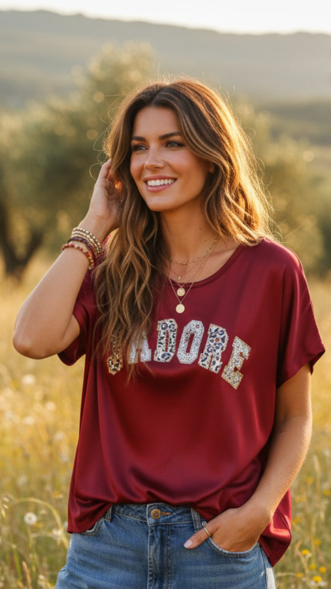 Tee-Shirt Rouge Bordeaux brillant à Inscription "J'ADORE"