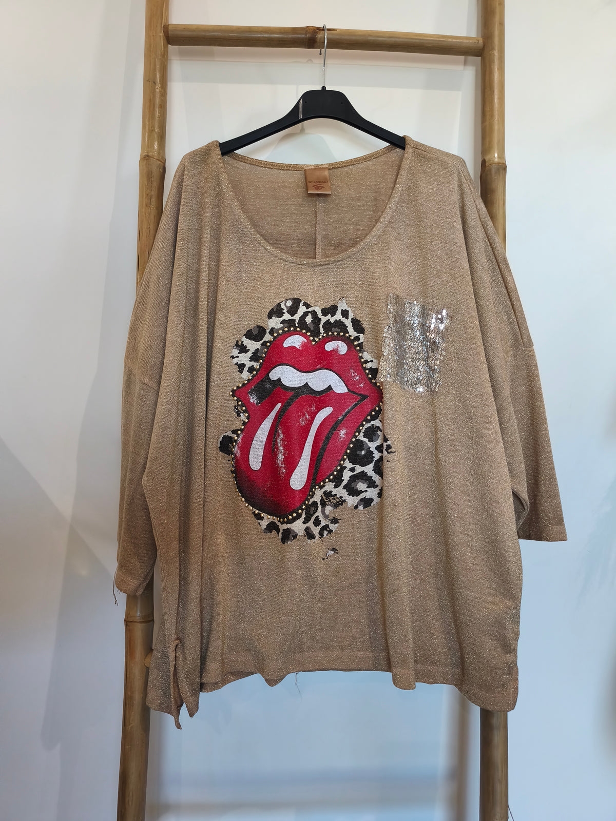 Top Fluide Beige Doré Motif Bouche HAPPY ROCK