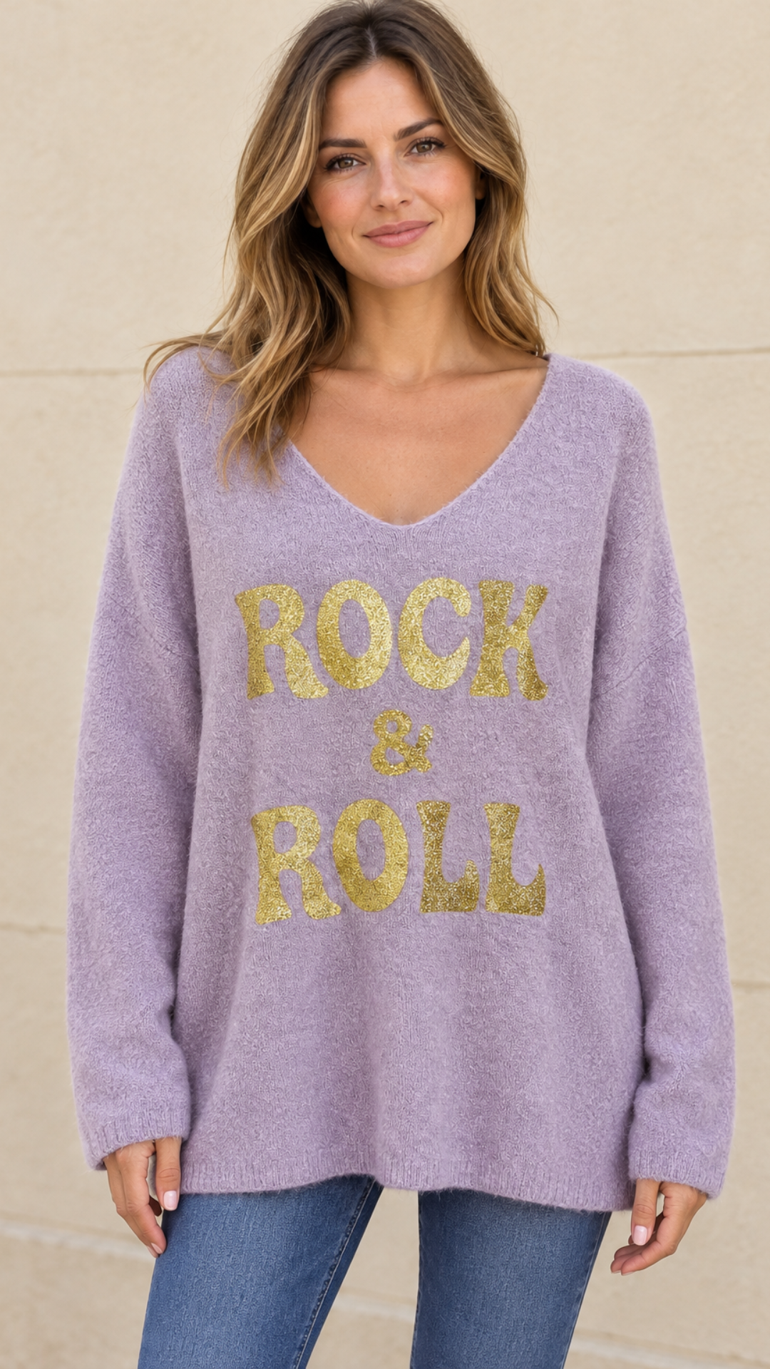 Pull Lilas Oversize Inscription Pailletée ROCK & ROLL
