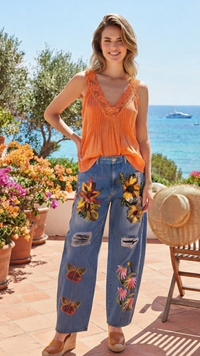 Pantalon Effet Jean Imprimé Floral JEZY